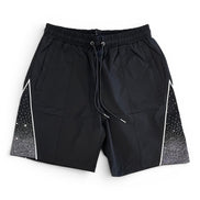 Black shorts with white geometric patterns on a white background