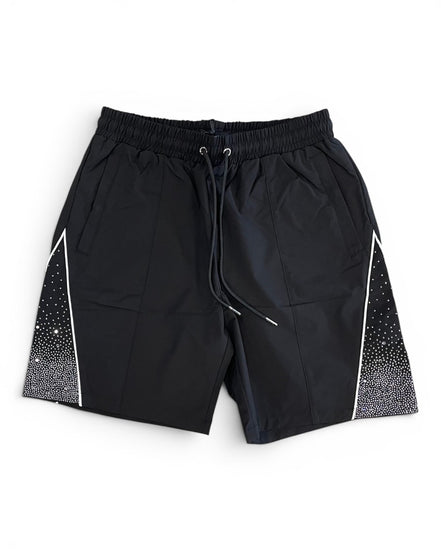 Black shorts with white geometric patterns on a white background