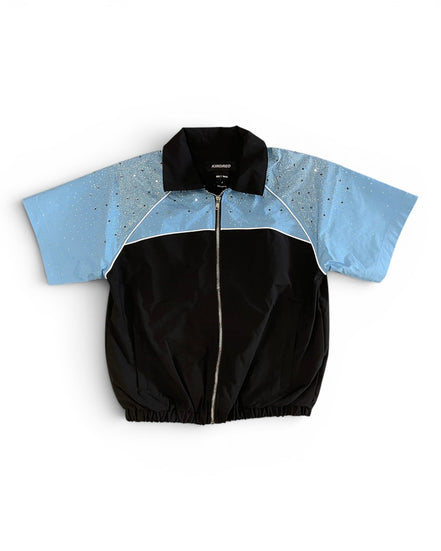 Black and light blue jacket with a brand logo on a white background