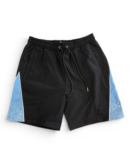 Black shorts with blue side panels on a white background