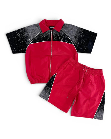 Red and black children's jacket and shorts set on a white background