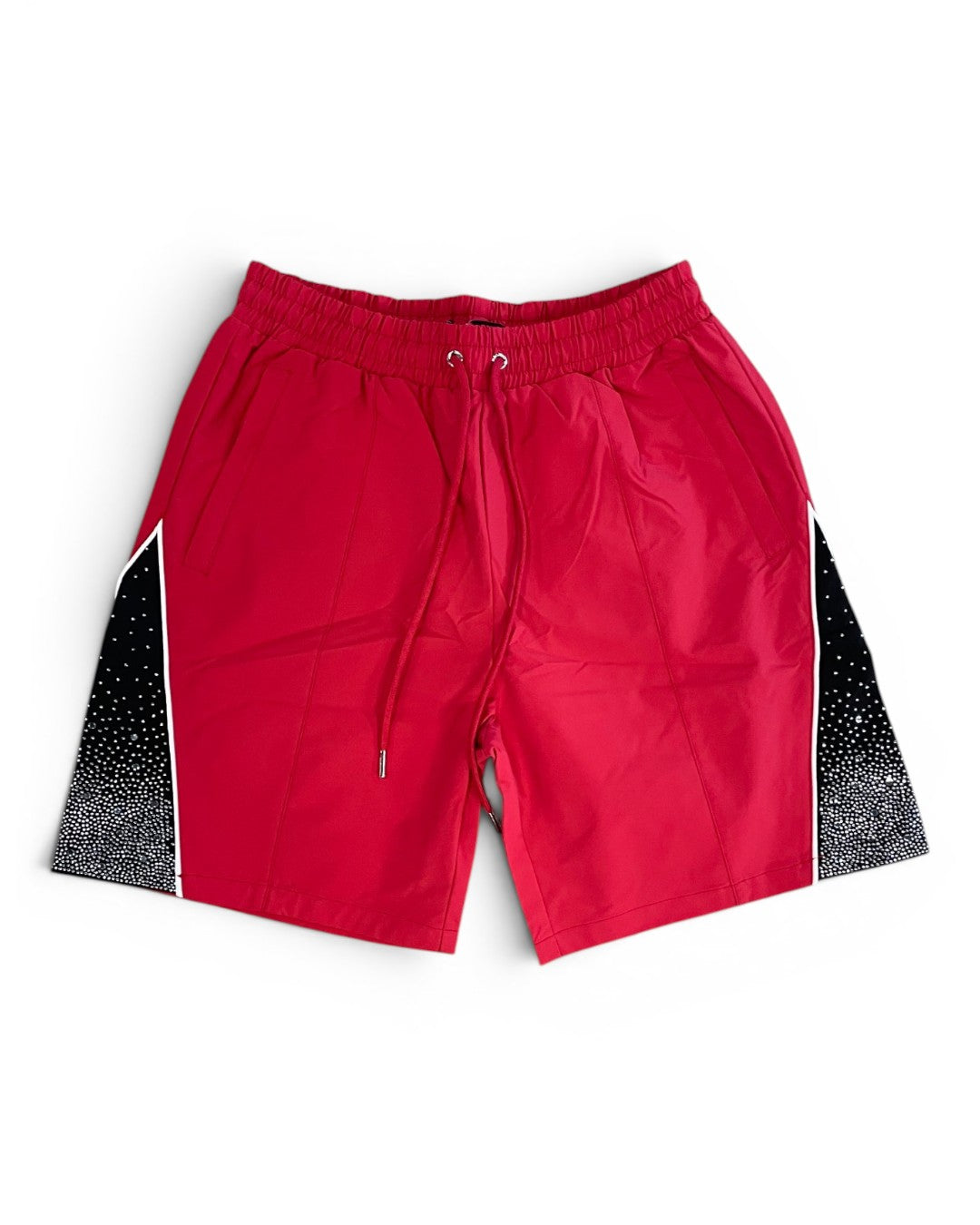 Red shorts with black and white pattern on a white background