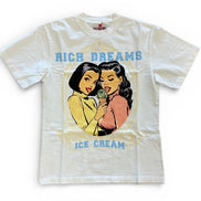 White t-shirt with graphic design of two people with ice cream and text 'Rich Dreams Ice Cream' on a white background