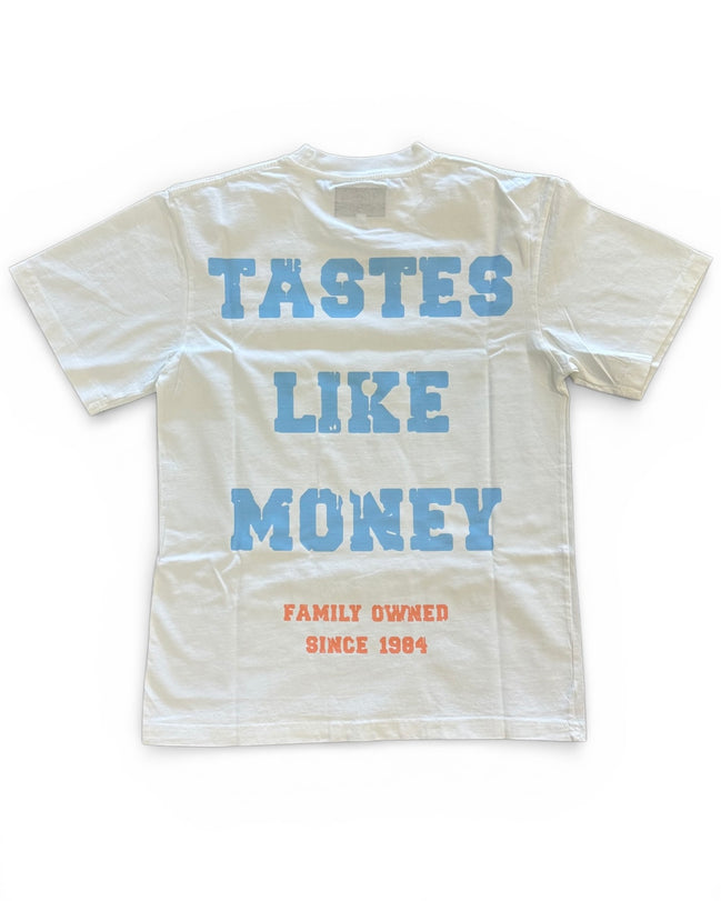 White t-shirt with blue and red text on a white background