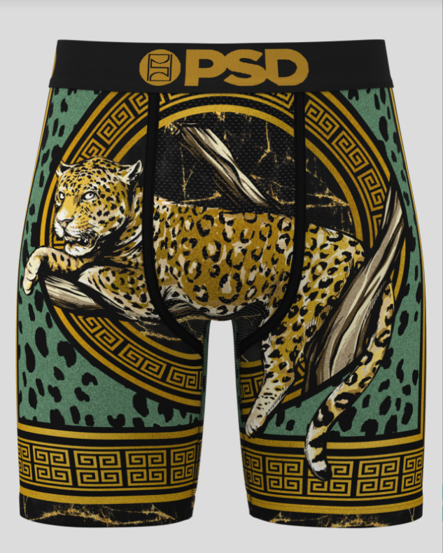 Boxer briefs with a leopard design and 'PSD' branding on a green background