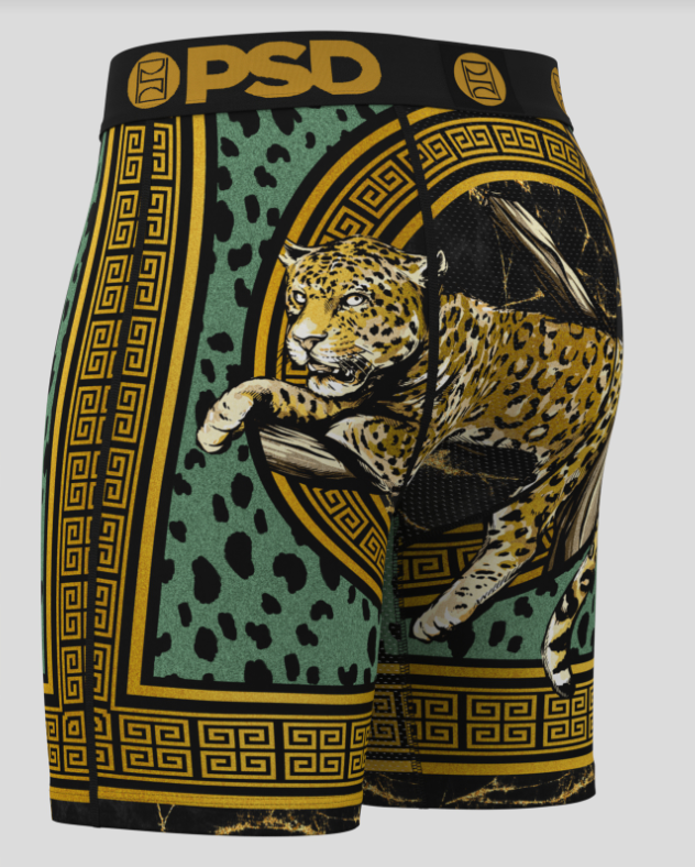 Men's underwear with a leopard design and 'PSD' branding on a gray background