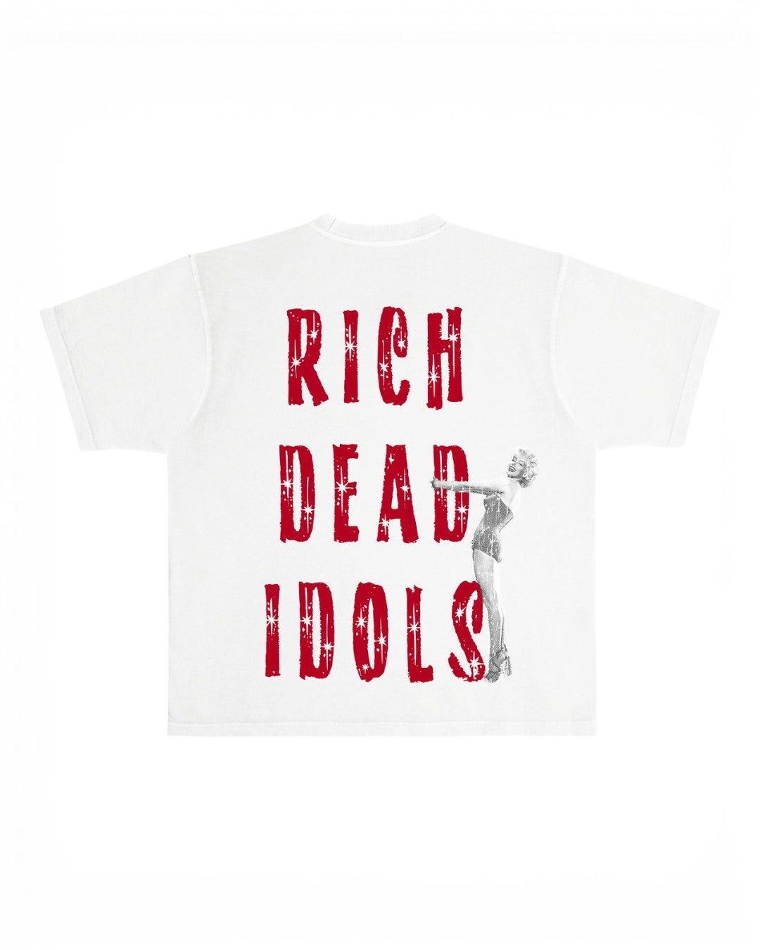 A white short-sleeve t-shirt with a graphic print on the back featuring the words 'RICH DEAD IDOLS' in distressed red letters and a gray silhouette of Marilyn Monroe holding a microphone.