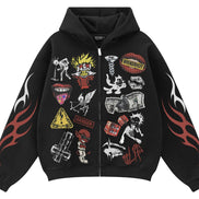 Black hoodie with colorful graphic designs on a white background