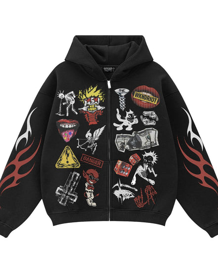 Black hoodie with colorful graphic designs on a white background