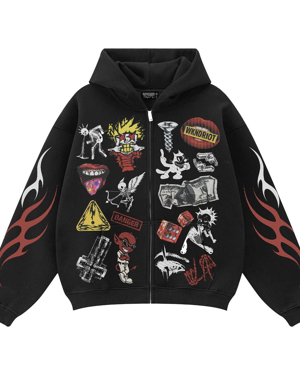 Black hoodie with colorful graphic designs on a white background