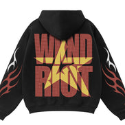Black hoodie with red and yellow text 'WILD RIOT' on the back, featuring flame designs.