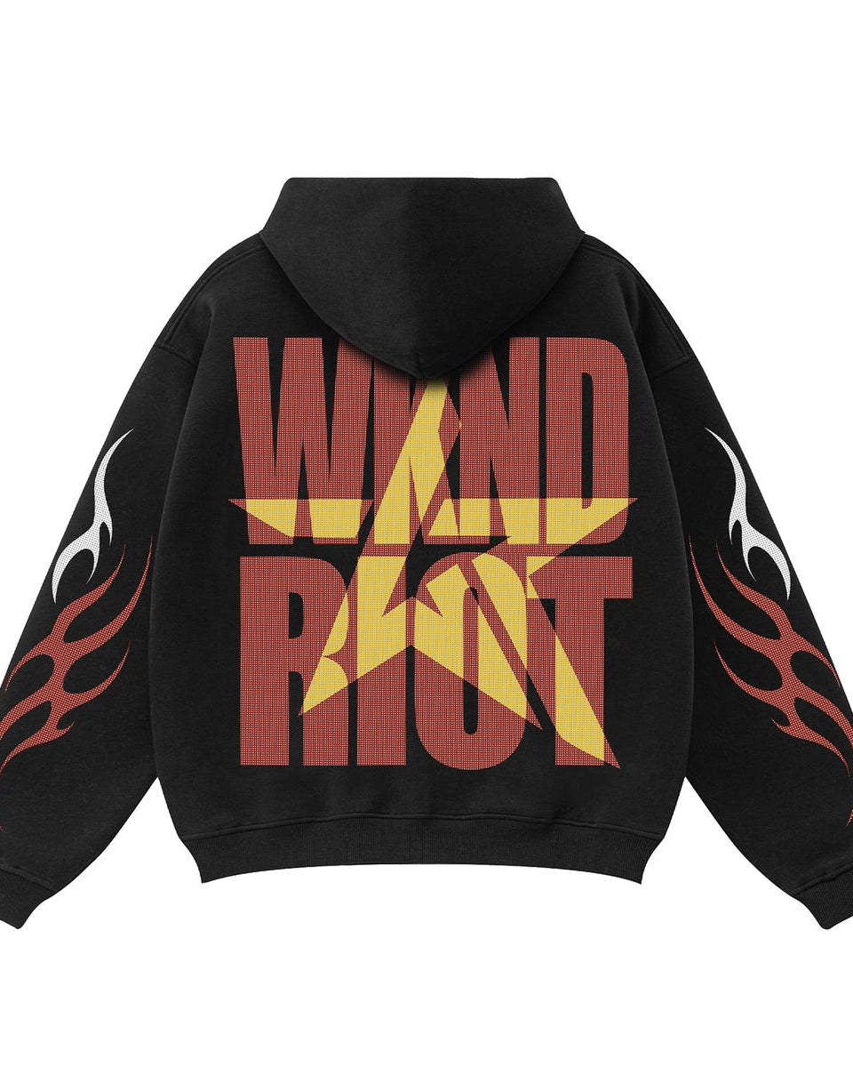 Black hoodie with red and yellow text 'WILD RIOT' on the back, featuring flame designs.