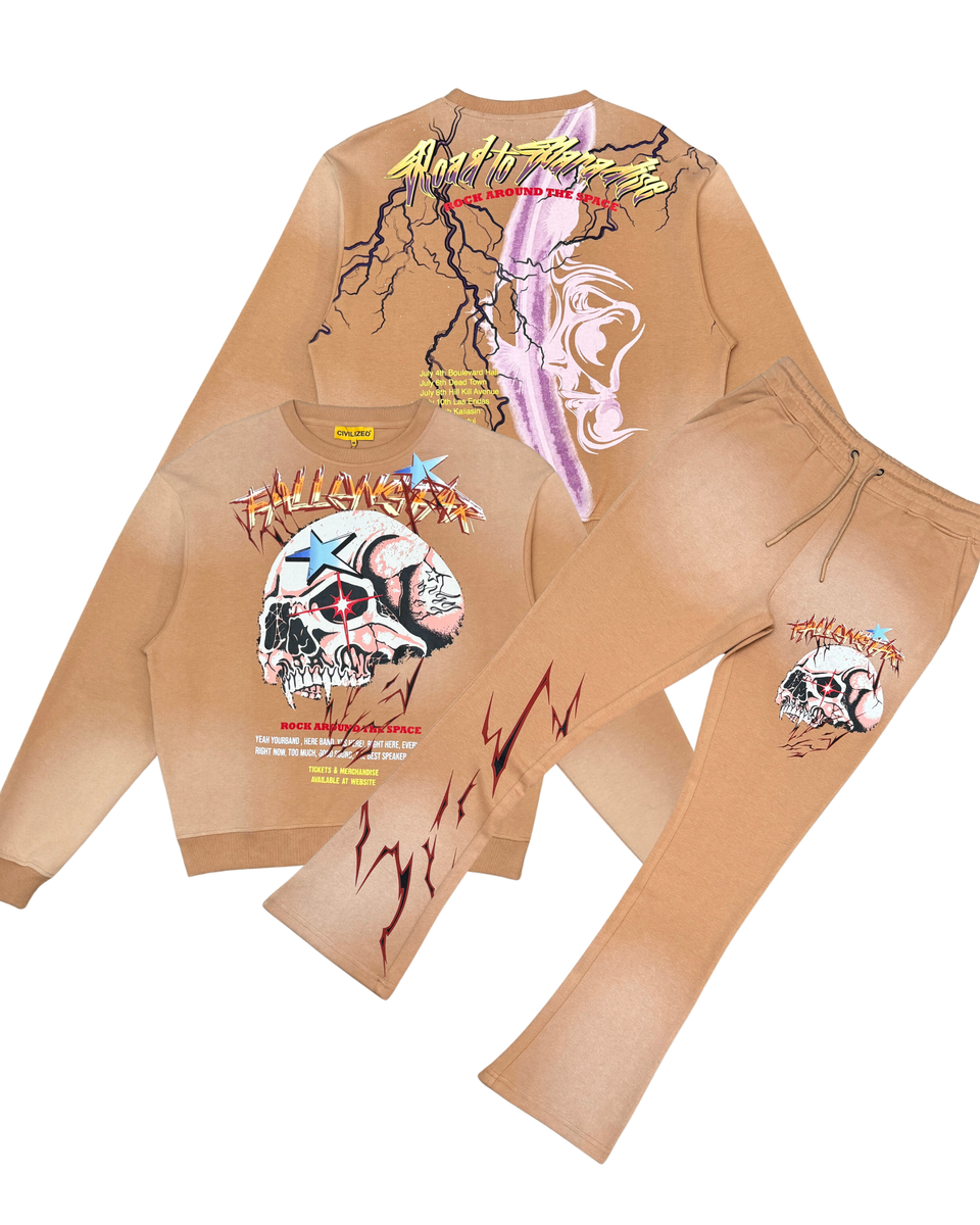 Beige sweatshirt and pants set with graphic designs on a white background