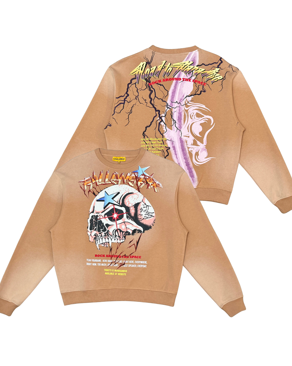 Beige sweatshirt with colorful graphic designs on a white background