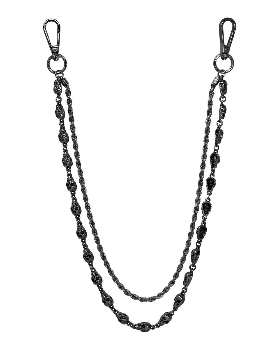 Black pant chain with metal clasps on a white background