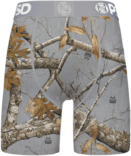 Camouflage-patterned underwear with a tree branch design on a white background