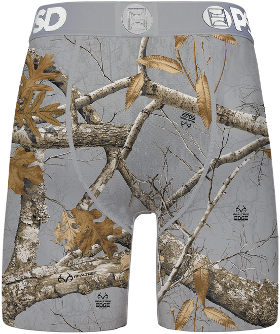 Camouflage-patterned underwear with a tree branch design on a white background