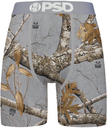 Camouflage-patterned underwear with tree branch and leaf design, featuring the 'PSD' brand.