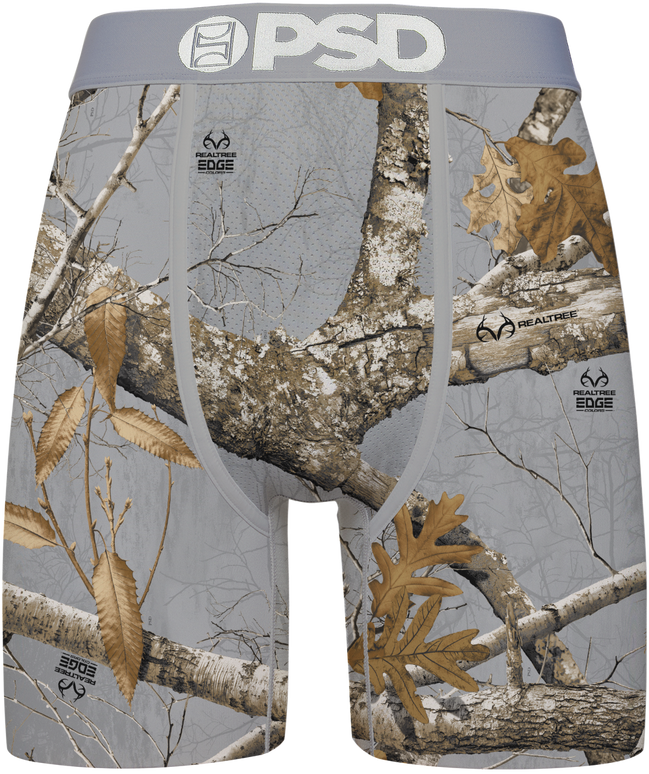 Camouflage-patterned underwear with tree branch and leaf design, featuring the 'PSD' brand.