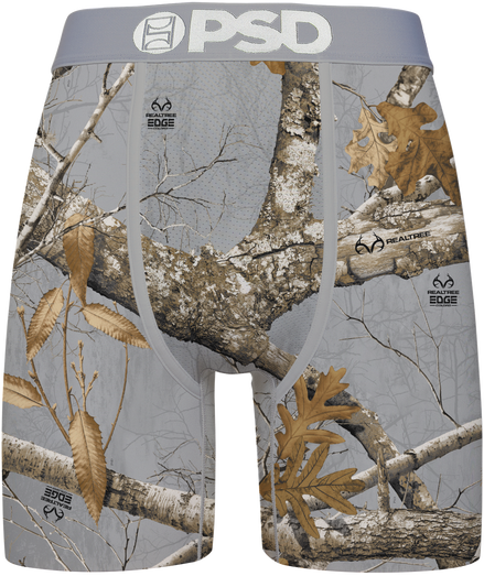 Camouflage-patterned underwear with tree branch and leaf design, featuring the 'PSD' brand.
