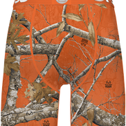 Orange camouflage men's underwear with tree branch design on an orange background