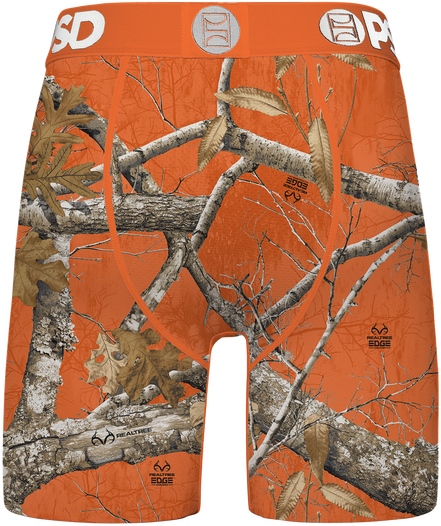 Orange camouflage men's underwear with tree branch design on an orange background