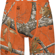 Camouflage-patterned underwear with 'PSD' branding on an orange background