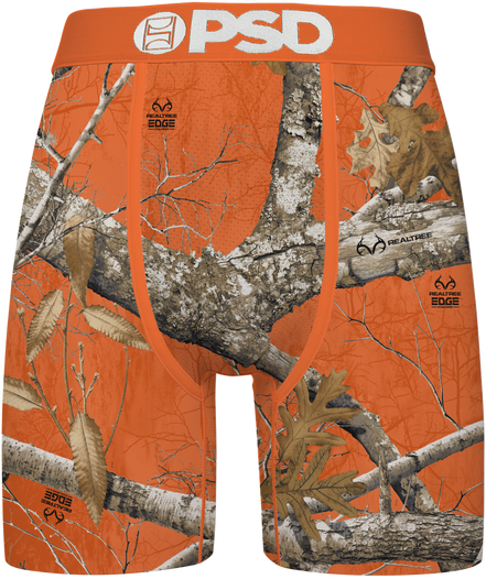 Camouflage-patterned underwear with 'PSD' branding on an orange background