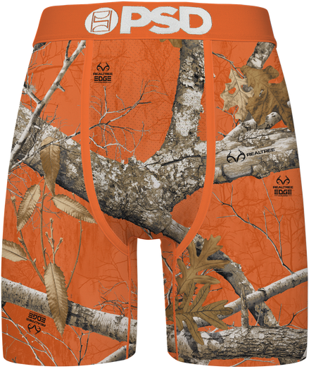 Camouflage-patterned underwear with 'PSD' branding on an orange background