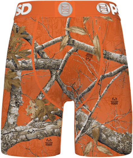 Orange camouflage men's underwear with tree branch design on an orange background