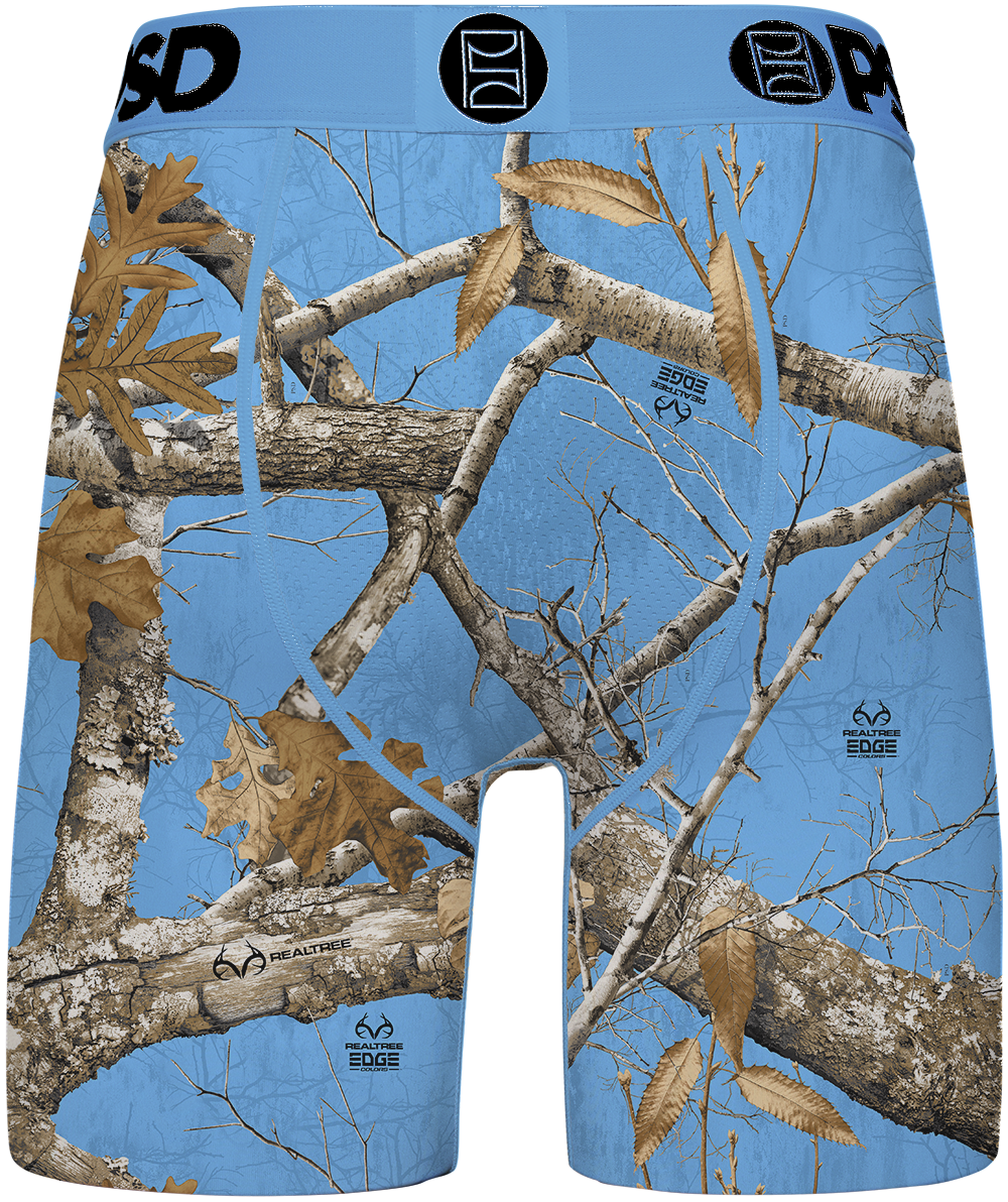 Men's boxer briefs featuring a Realtree Edge camouflage pattern of tree branches and oak leaves on a light blue background, with a matching waistband.