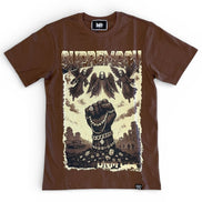 Brown t-shirt with graphic design featuring a raised fist and text on a white background