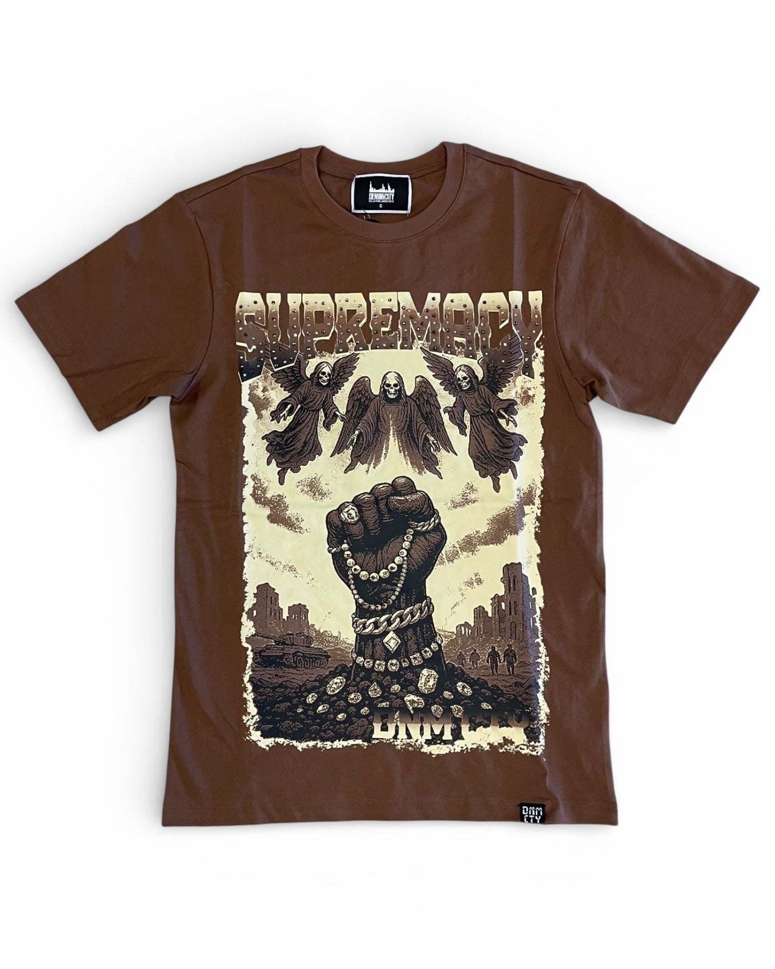 Brown t-shirt with graphic design featuring a raised fist and text on a white background