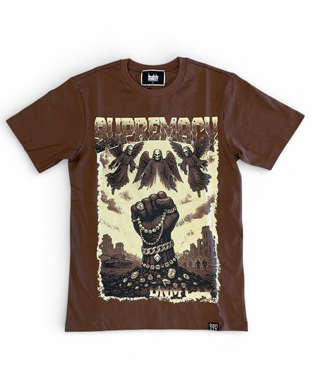 Brown t-shirt with graphic design featuring a raised fist and text on a white background