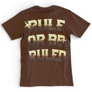 Brown t-shirt with gold text on a white background