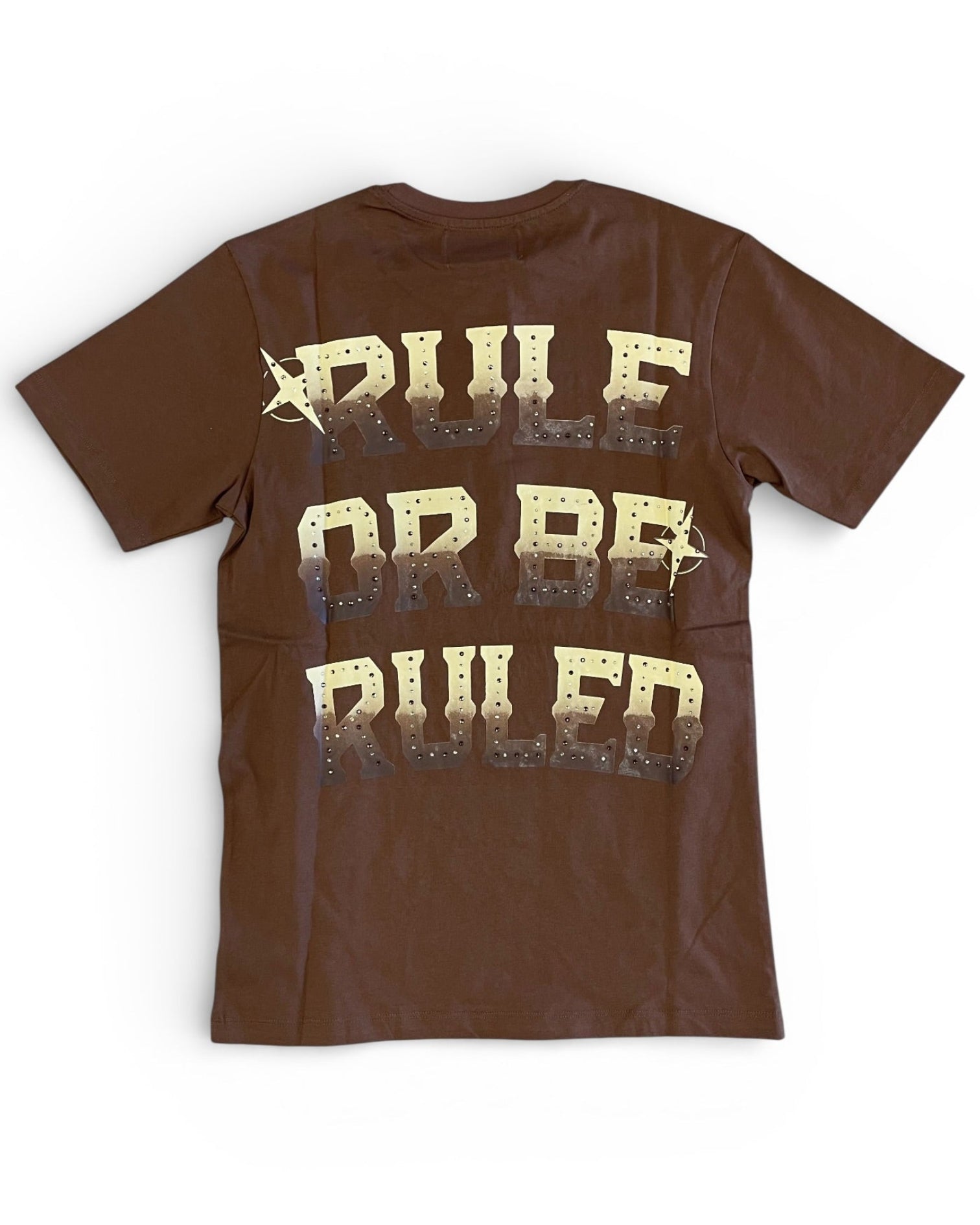 Brown t-shirt with gold text on a white background