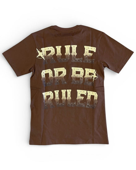 Brown t-shirt with gold text on a white background