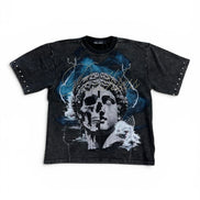 Black t-shirt with a graphic design of a skull and classical head on a white background