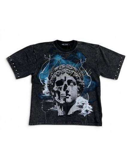 Black t-shirt with a graphic design of a skull and classical head on a white background