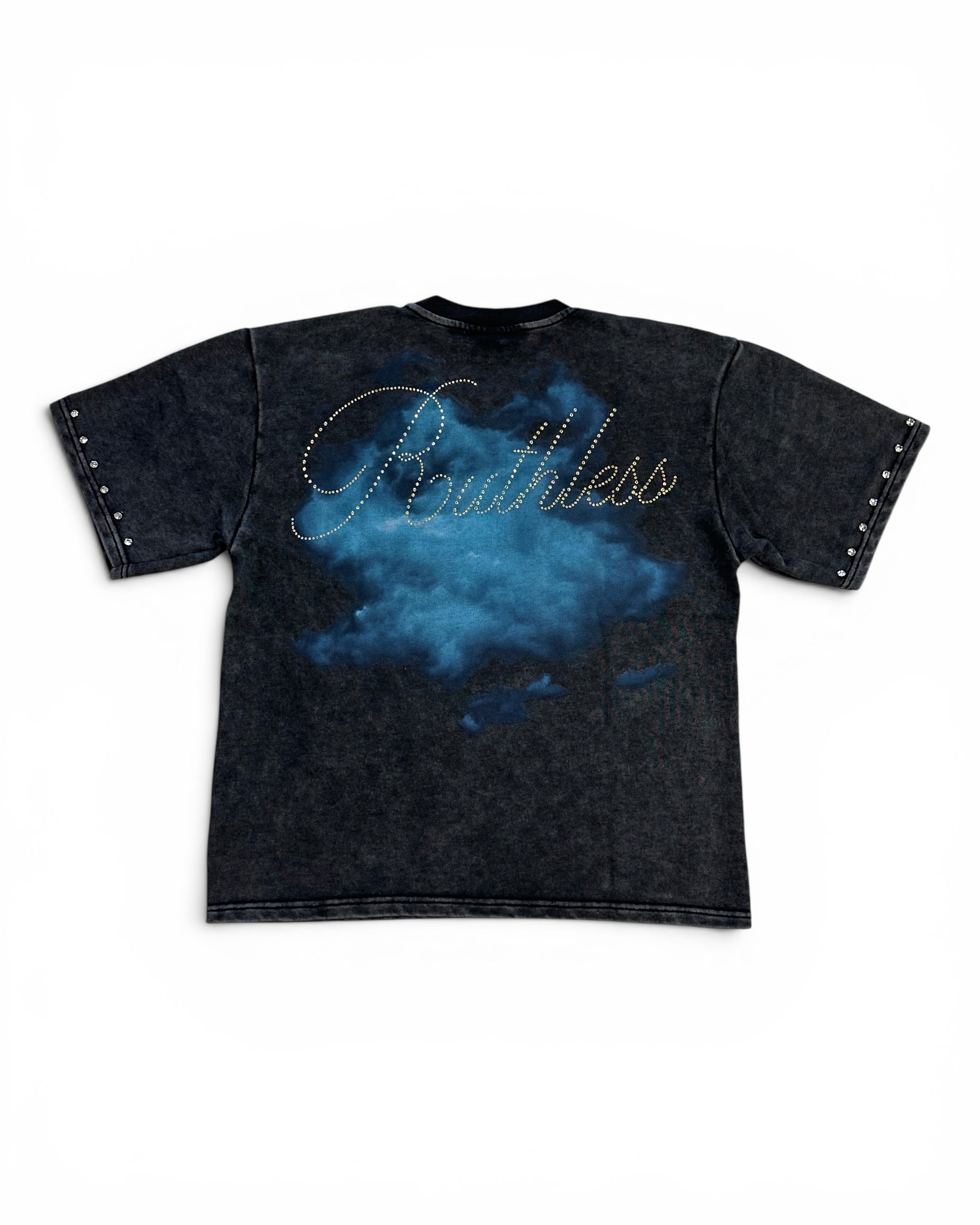 Black t-shirt with 'Ruthless' graphic design on a white background