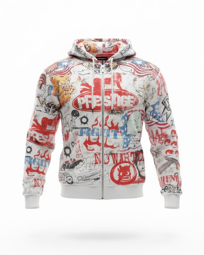 Hoodie with colorful graphics and text on a white background