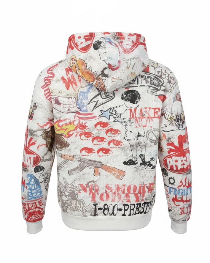 White hoodie with colorful graphic designs and text on a white background