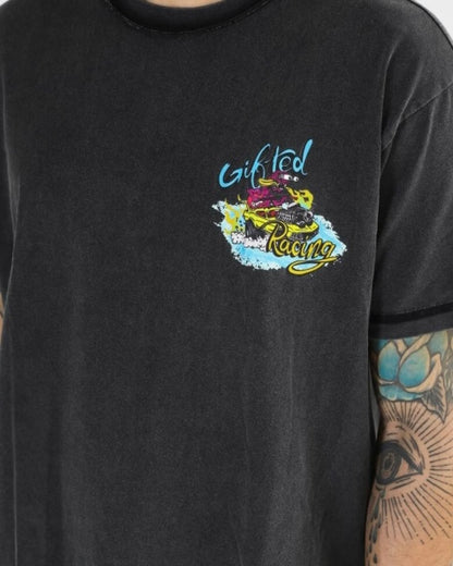 A closer look at the front graphic of the rodeo racing tee in vintage black. The logo is colorful drawing attention to it. 