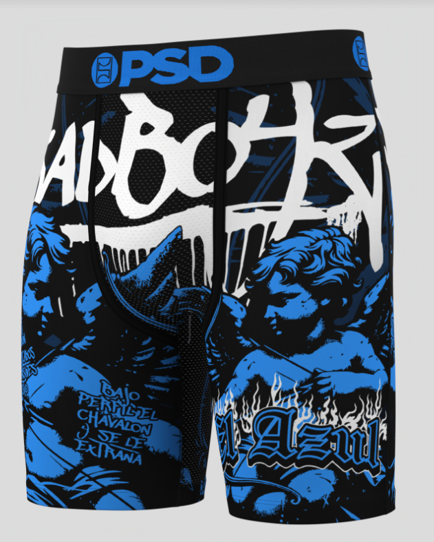 Black shorts with blue and white graphics and 'PSD' branding on a gray background