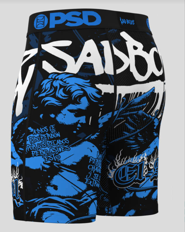 Black athletic shorts with blue and white graphics and text on a gray background