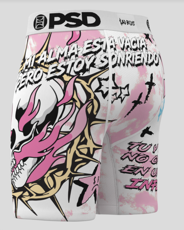 Pair of colorful shorts with graphic designs and text on a white background