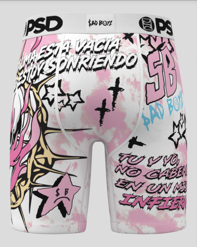 Boxer briefs with colorful graphics and text on a white background