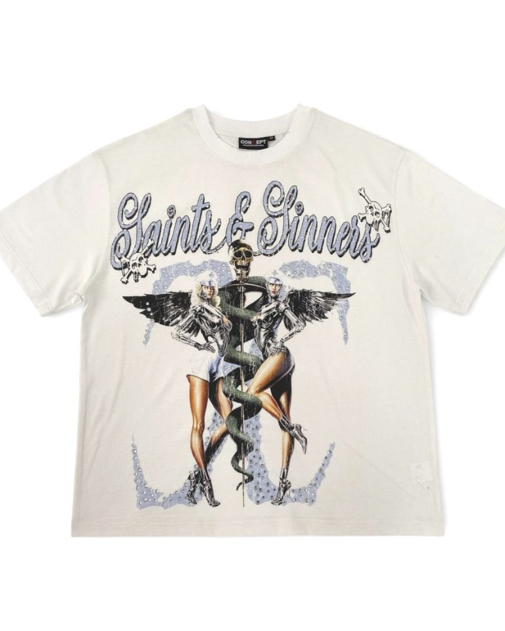 White t-shirt with 'Saints & Sinners' graphic design on a white background