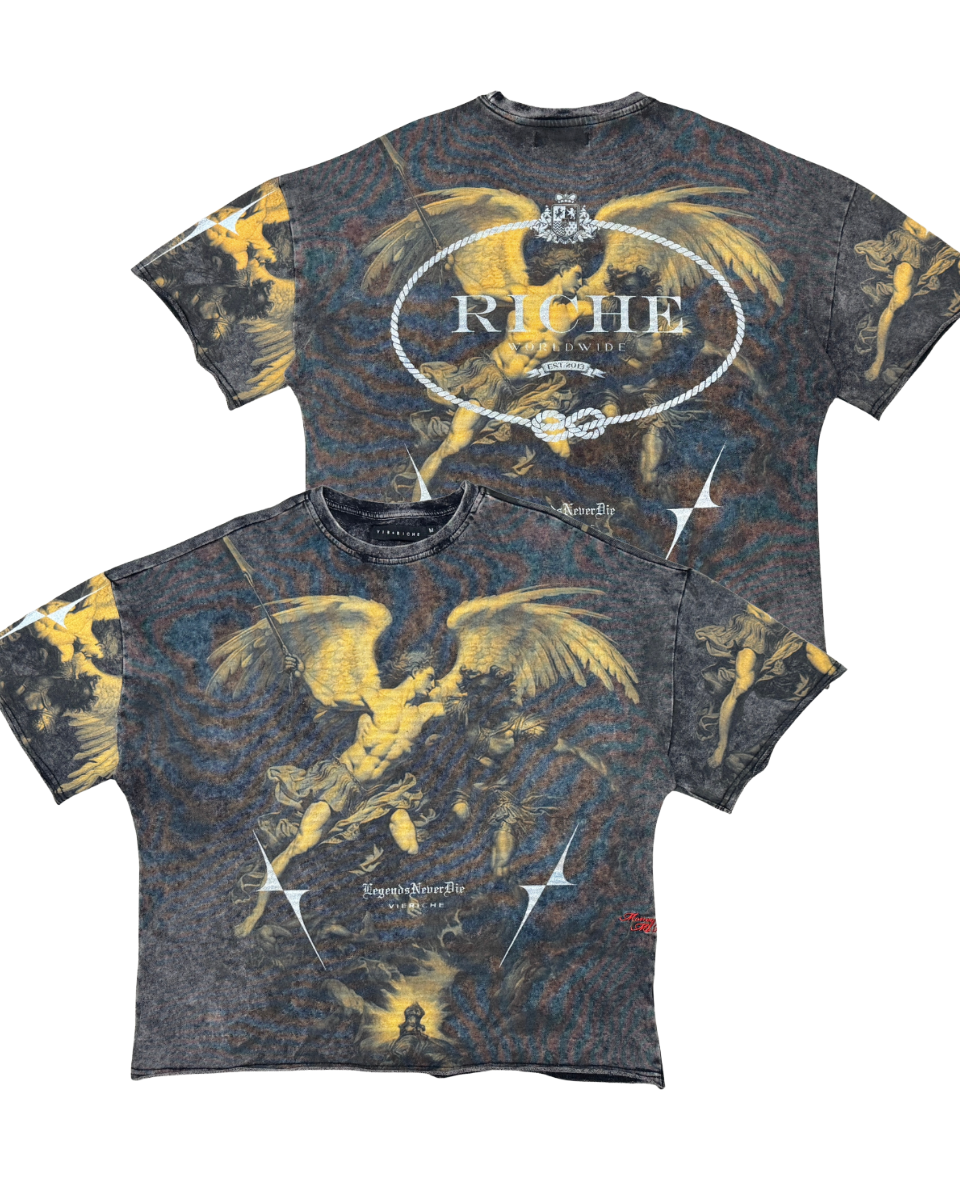 T-shirt with dragon design and 'Riche' branding on a white background