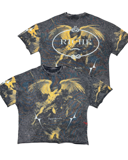 T-shirt with dragon design and 'Riche' branding on a white background